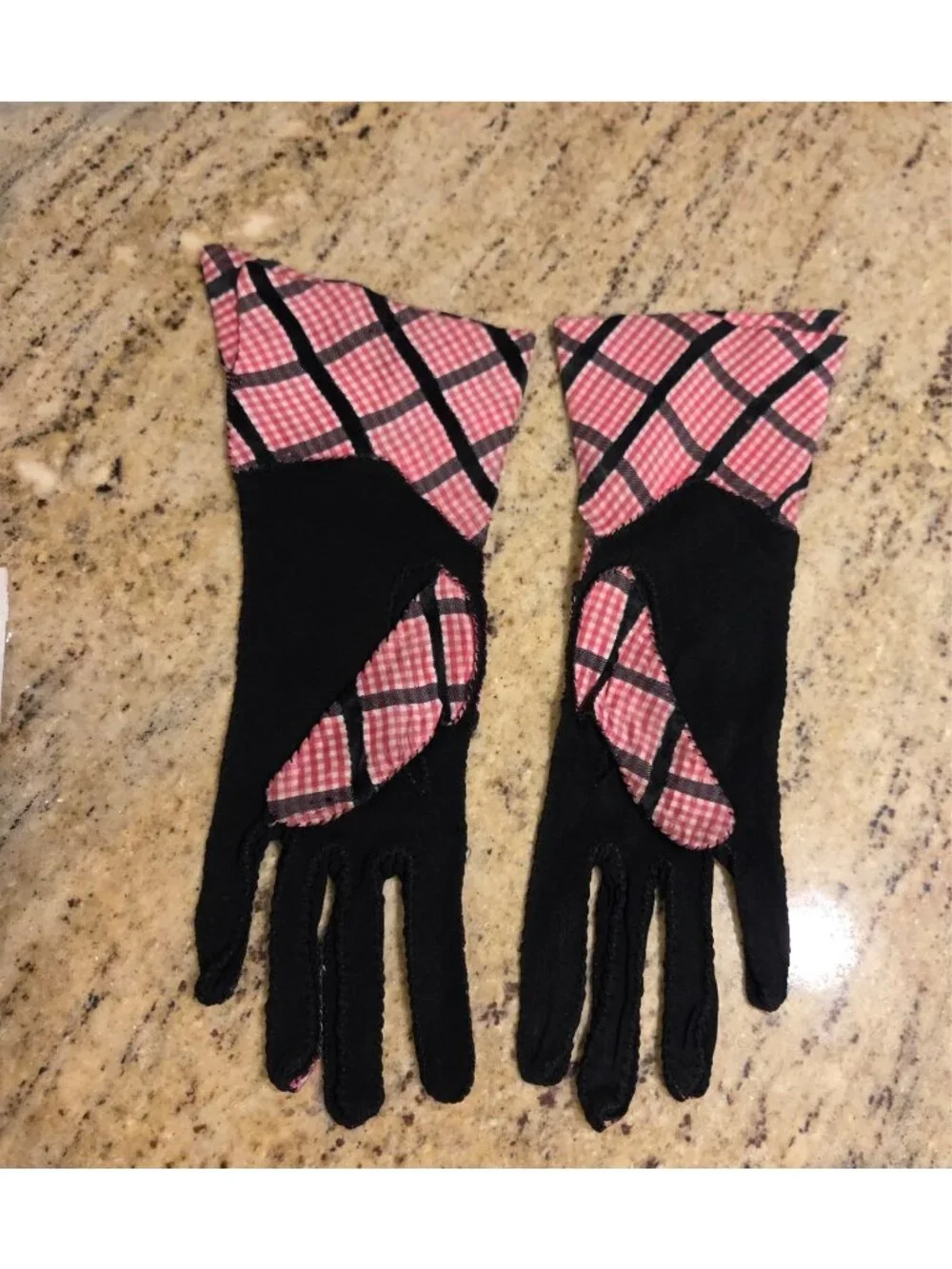 Vintage Womens Size L Pink Black Plaid Stretch Gloves Stretch *Hole Pinup